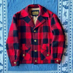 Vintage 1950s Cresco Buffalo Plaid Wool Jacket Red Black Quilted Lined Size 40 (
